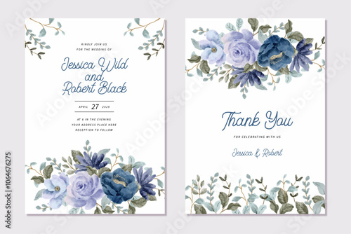 wedding invitation blue purple floral watercolor frame