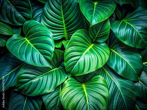 Close-Up of Lush Green Leaves with Prominent Parallel Veins Ideal for Nature and Botanical Themes, Perfect for Interior Design Projects and Natural Aesthetic Backgrounds