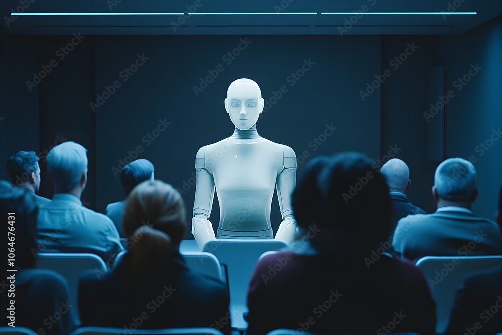 Fototapeta premium Futuristic Auditorium Hosts Panel Discussion on Consciousness Creativity and Sentient Machines