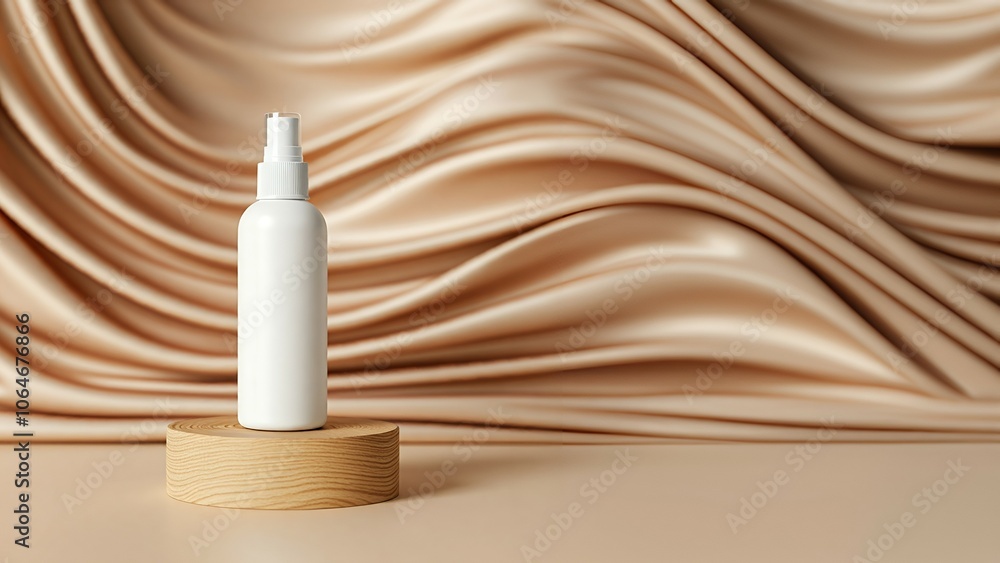 Mockup White nasal spray bottle on a pedestal with a flowing beige fabric background. Mockup White nasal spray bottle on a pedestal with a flowing beige fabric background.