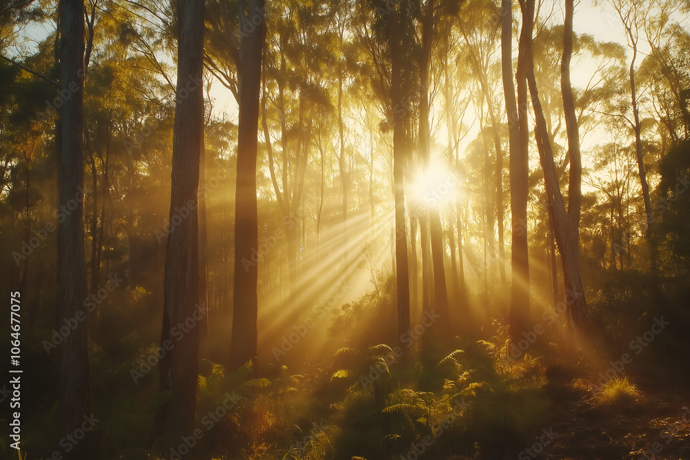Golden hour tree light, ray light sunset through branches. Golden hour tree light, ray light sunset through branches.