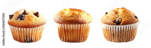 A freshly baked and fluffy chocolate muffin or cupcake isolated on white transparent background, beautifully topped with delightful sweet choco flakes photo