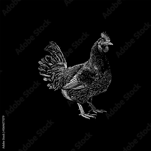 Dorking Chicken hand drawing vector isolated on black background.
