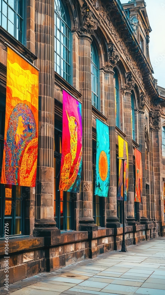 Fototapeta premium Vibrant Art Banners on Historic Gallery Exterior
