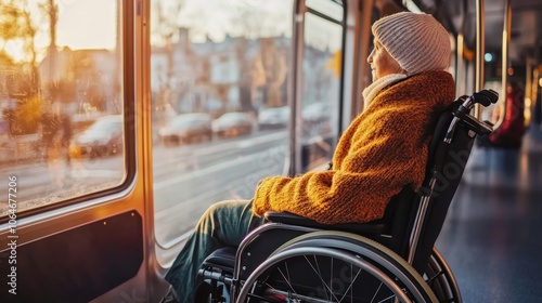 Disabled individual in wheelchair observing the scenery while using public transportation