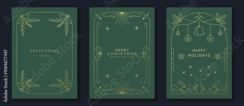 Luxury christmas invitation card art deco design vector. Christmas bauble, holly, snowflake gold line art on green background. Design illustration for holidays cover, season's greeting poster.