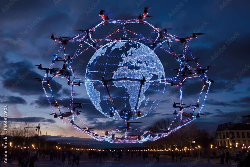 Drone light show forming the globe to celebrate International Drone Day Drone light show forming the globe to celebrate International Drone Day