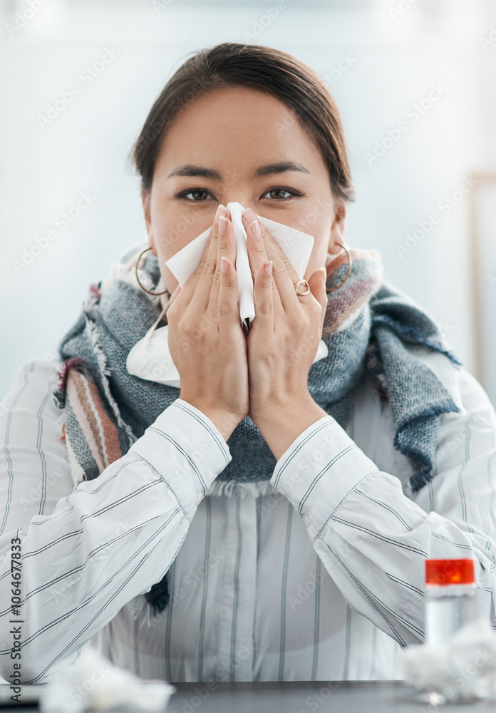 Business woman, portrait and blowing nose with tissue for sneeze, flu or cold at office. Sick, female person or employee with influenza, sinus or allergy for bacteria, germ or breach at workplace Business woman, portrait and blowing nose with tissue for sneeze, flu or cold at office. Sick, female person or employee with influenza, sinus or allergy for bacteria, germ or breach at workplace