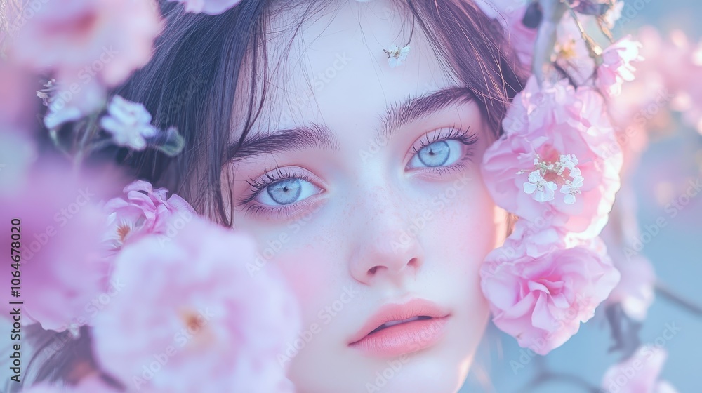 A young woman with striking blue eyes surrounded by blooming pink flowers in a serene setting during springtime A young woman with striking blue eyes surrounded by blooming pink flowers in a serene setting during springtime