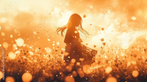 A girl twirls gracefully in a warm golden field surrounded by flowers during a sunset