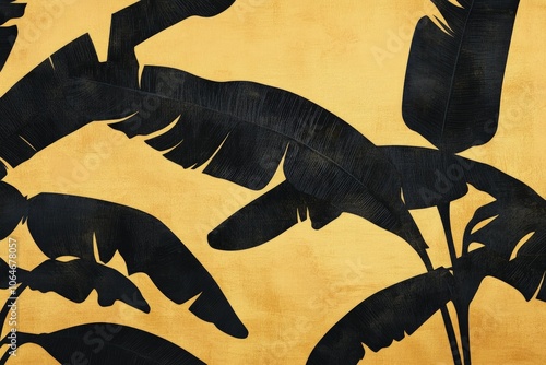 a painting of black leaves on a yellow background photo