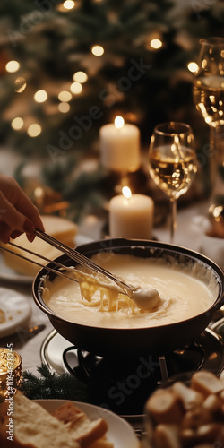 bubbling cheese fondue pot, surrounded by flickering candles and glasses of wine.