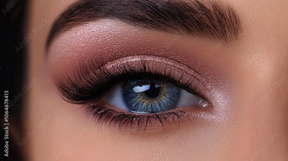 Obraz premium A close-up shot of a woman's eye with incredibly long fake eyelashes. The photo focuses on the eyelashes, highlighting their length and the beauty of makeup and cosmetics.