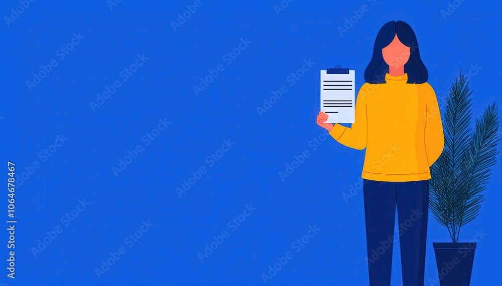 A person in a bright yellow sweater holds a document, standing against a solid blue background with a potted plant on the side. A person in a bright yellow sweater holds a document, standing against a solid blue background with a potted plant on the side.