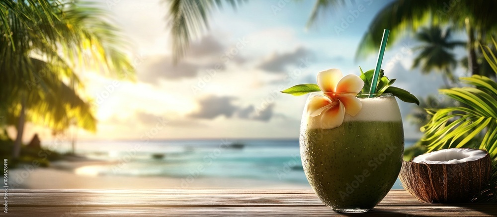 Fresh coconut water with a straw in a tropical setting, Fresh coconut water with a straw in a tropical setting,