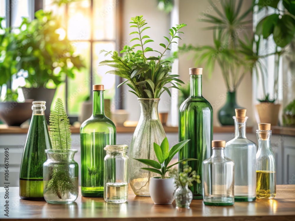 Collection of Stylish Bottles and Lush Green Plants on a Modern Countertop with Soft Neutral Lighting for Contemporary Interior Decor Inspiration Collection of Stylish Bottles and Lush Green Plants on a Modern Countertop with Soft Neutral Lighting for Contemporary Interior Decor Inspiration