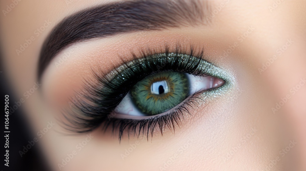Obraz premium A close-up view of a woman's green eye, enhanced with long, layered false eyelashes. Her eye makeup is flawless, highlighting the beautiful shape of her eyes.