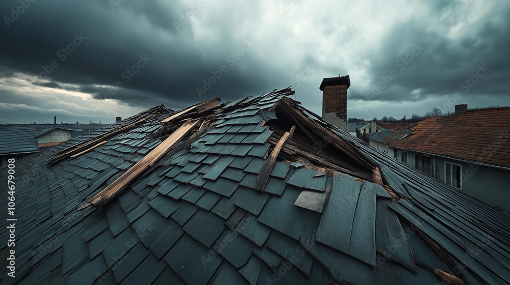 A damaged roof with broken shingles and exposed wooden beams under a cloudy sky, indicating potential storm damage in a residential area. A damaged roof with broken shingles and exposed wooden beams under a cloudy sky, indicating potential storm damage in a residential area.