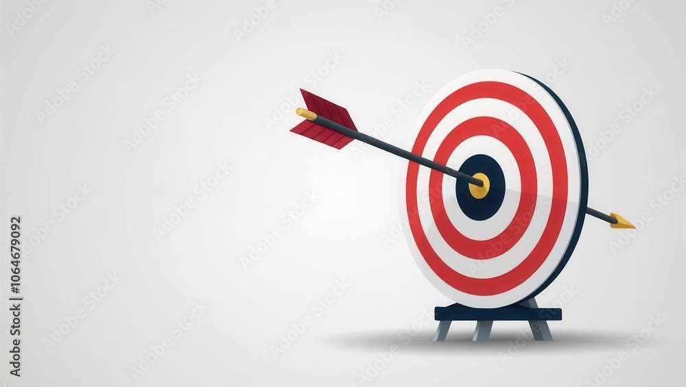 Target board with an arrow hitting the center, isolated on a white background. Target board with an arrow hitting the center, isolated on a white background.