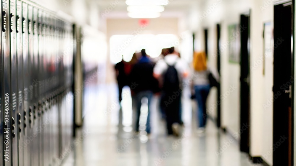 A slightly blurred hallway lined with lockers and classroom doors. A slightly blurred hallway lined with lockers and classroom doors.