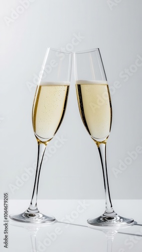 Two elegant champagne glasses clinking, on a light grey background.