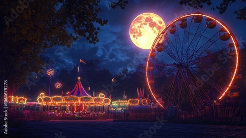 A carnival that only appears during a full moon, with rides powered by lunar energy. high-quality