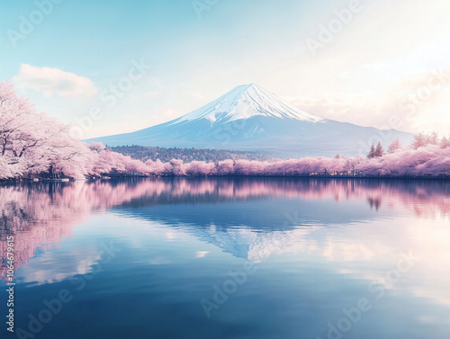 Japan, aesthetic anime wallpaper of Mount Fuji in Japan in anime style, pastel blue and pink hues, with delicate cherry blossoms and serene lake reflections of Fuji San in a calm Japanese landscape.