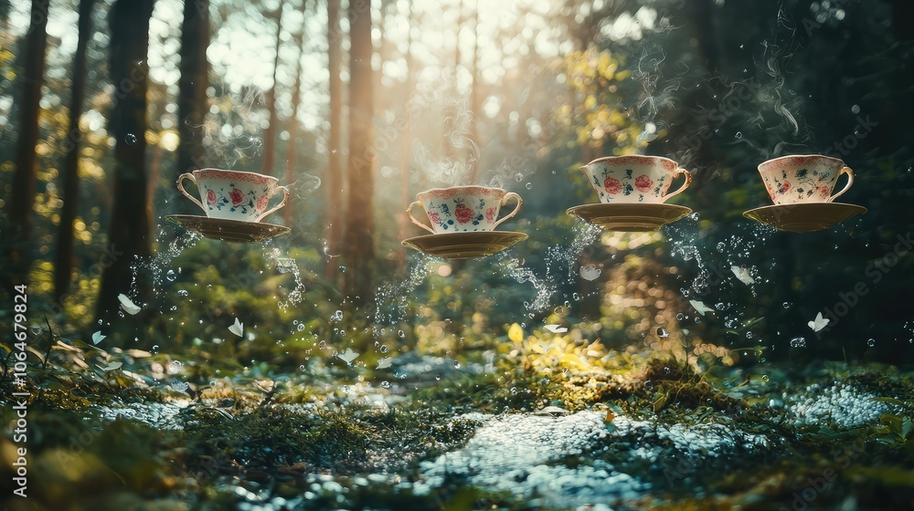 Floating Tea Set in Enchanted Forest Scene Floating Tea Set in Enchanted Forest Scene