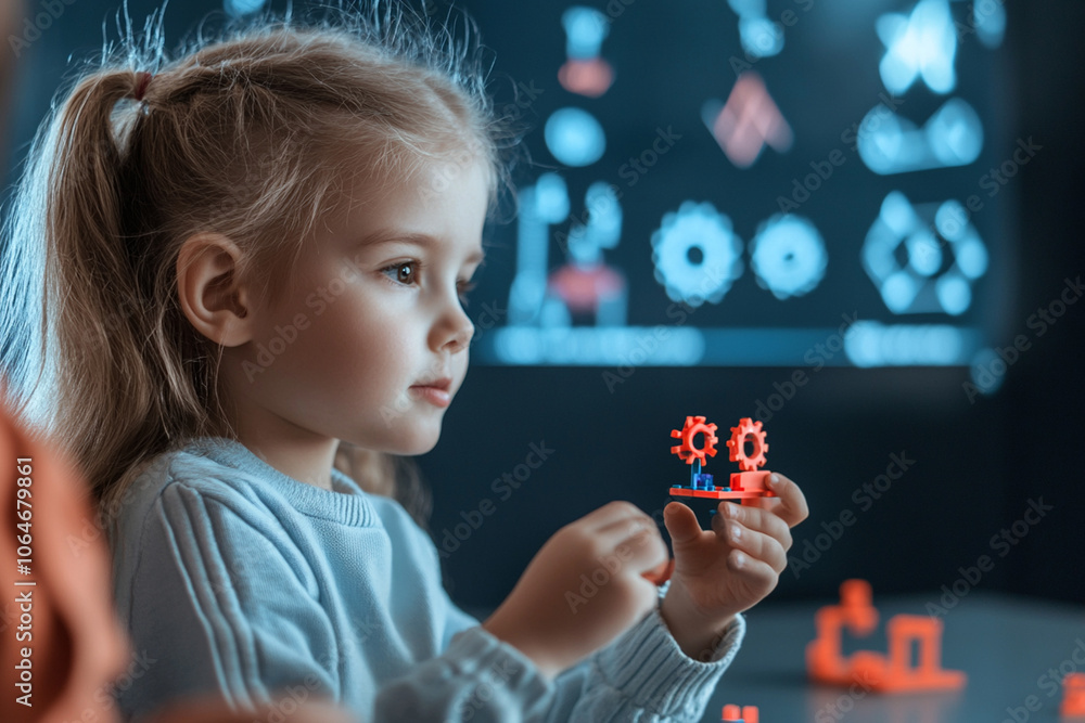 A group of young children engage in a hands-on learning activity, building small engineering projects with blocks and gears. An interactive screen demonstrates STEM concepts. A group of young children engage in a hands-on learning activity, building small engineering projects with blocks and gears. An interactive screen demonstrates STEM concepts.