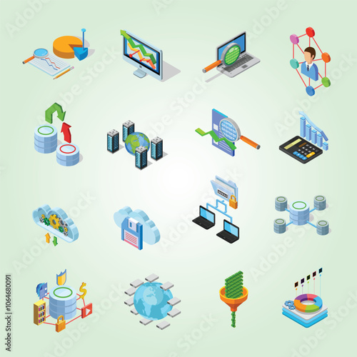 Data Analyses Elements Isometric Icons Set