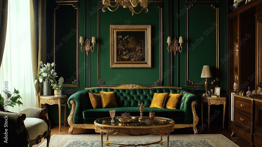 Elegant living room adorned with gold and emerald hues, featuring luxurious furnishings and intricate details Elegant living room adorned with gold and emerald hues, featuring luxurious furnishings and intricate details