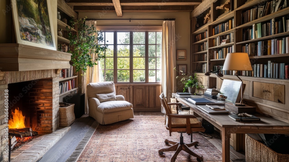 A cozy, small home office with an open layout and a fireplace. A cozy, small home office with an open layout and a fireplace.