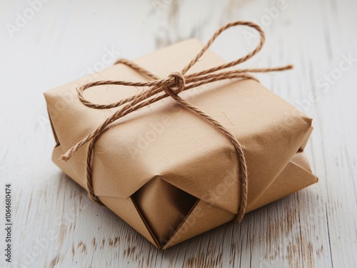 a small, neatly wrapped package in brown kraft paper.