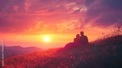 A couple enjoying a romantic sunset on a hill, with a blanket wrapped around them and the sky painted in hues of pink, orange, and purple