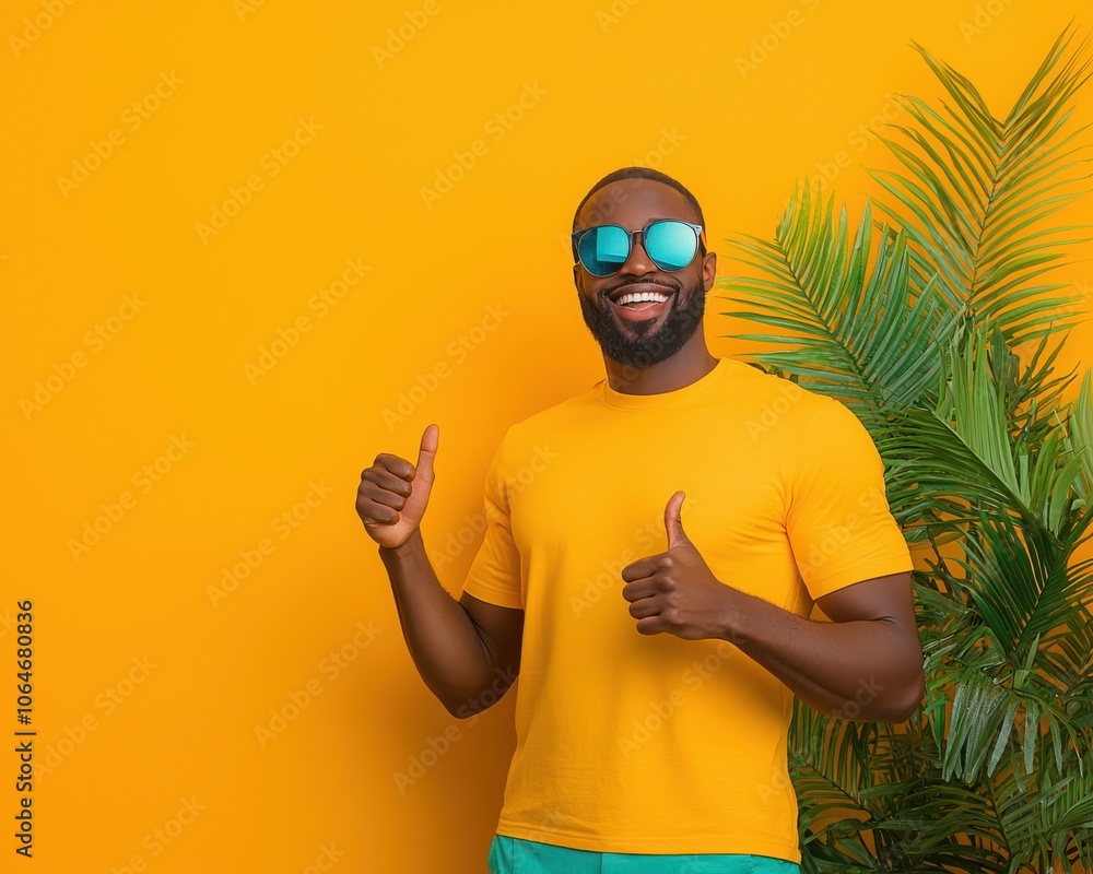 A cheerful man in a bright yellow shirt and sunglasses poses with thumbs up against a colorful orange backdrop, complemented by green foliage. A cheerful man in a bright yellow shirt and sunglasses poses with thumbs up against a colorful orange backdrop, complemented by green foliage.