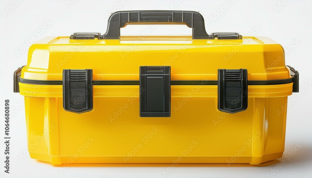 Bright Yellow Plastic Toolbox with Secure Latch and Comfortable Handle Isolated on White Background for DIY and Professional Use Bright Yellow Plastic Toolbox with Secure Latch and Comfortable Handle Isolated on White Background for DIY and Professional Use