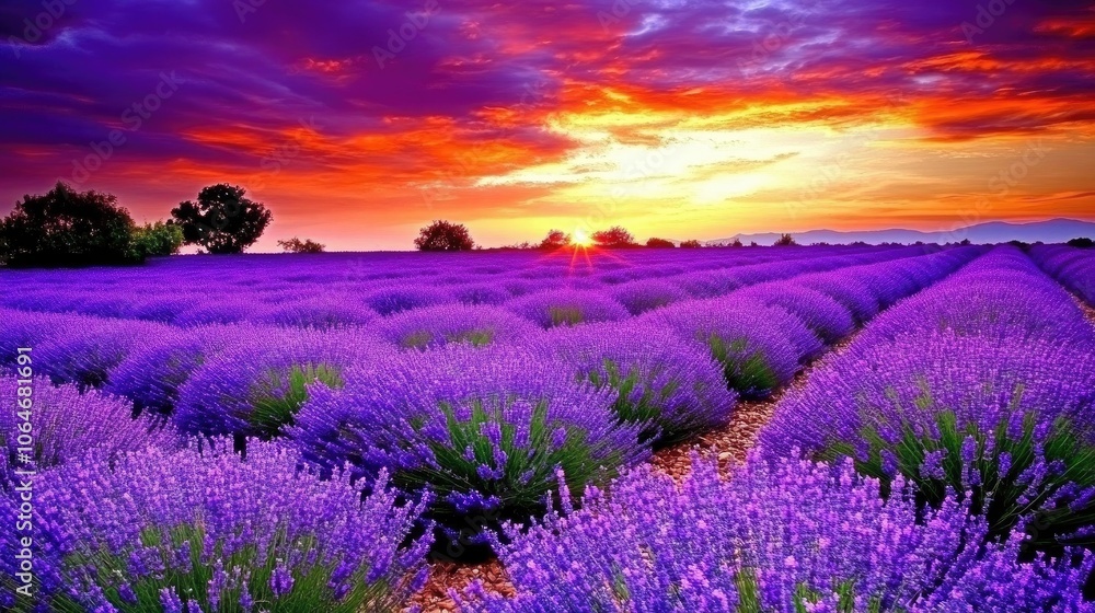 Sunset Over Lavender Fields with Vibrant Colors and Stunning Sky Sunset Over Lavender Fields with Vibrant Colors and Stunning Sky