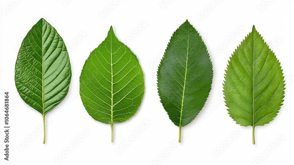Fototapeta premium Lush Collection of Realistic Green Leaves in Various Shapes Isolated on White Background