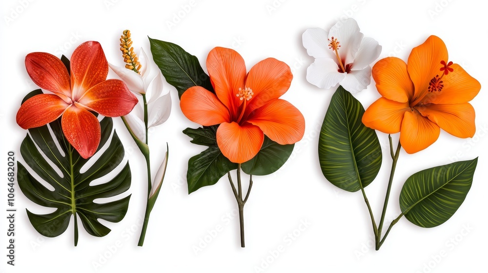 Assorted Realistic Tropical Flowers on White Background Assorted Realistic Tropical Flowers on White Background