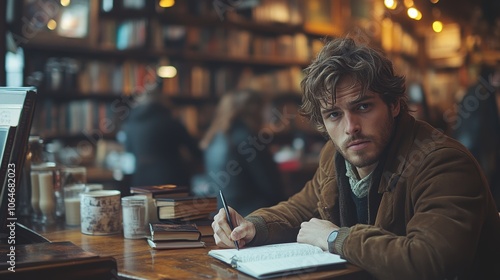 A british man reflects while writing in a cozy café surrounded by books and coffee