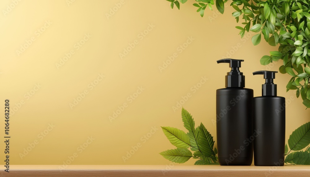 Two sleek black pump bottles are elegantly placed against a gold backdrop, surrounded by lush greenery, conveying a sense of luxury and nature in cosmetic presentation. Two sleek black pump bottles are elegantly placed against a gold backdrop, surrounded by lush greenery, conveying a sense of luxury and nature in cosmetic presentation.