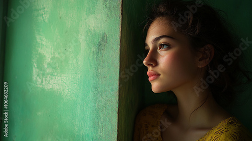 A young woman gazes thoughtfully out of a window against a vibrant green wall in soft light