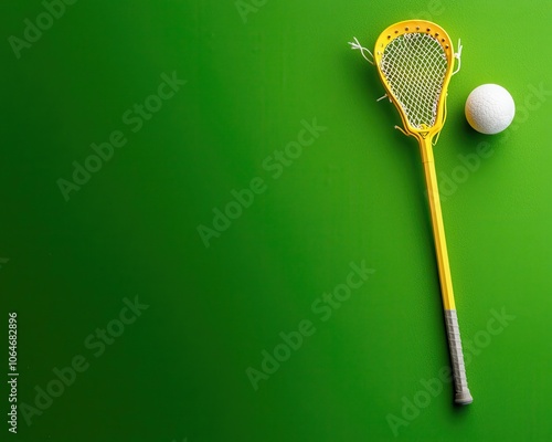 A yellow lacrosse stick and a white ball are positioned on a vibrant green background, highlighting sports equipment for lacrosse enthusiasts. photo