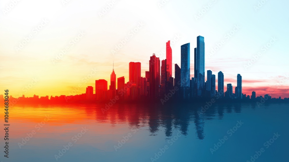 Fototapeta premium A vibrant city skyline reflected in water, showcasing a stunning gradient of sunset colors transitioning from warm oranges to cool blues.