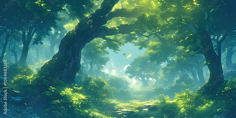 Woodland forest background banner, cartoon anime style graphic resource wide backdrop, empty space, trees wallpaper Woodland forest background banner, cartoon anime style graphic resource wide backdrop, empty space, trees wallpaper