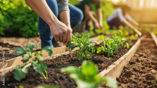 Close-up of hands planting seedlings in garden in wooden boxes