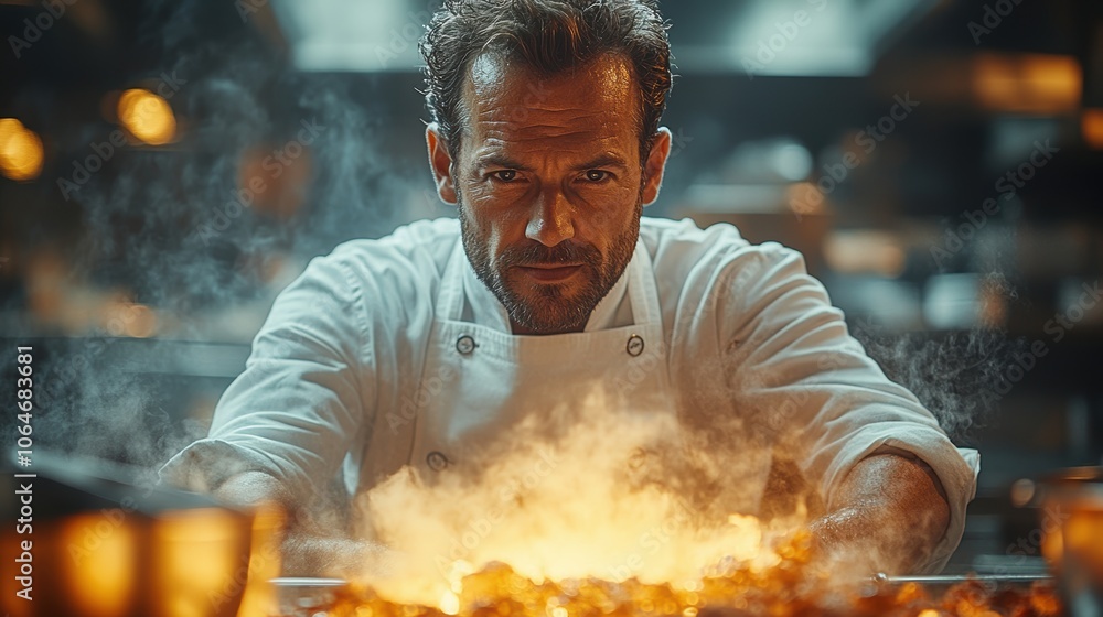 French chef passionately crafts gourmet dishes in a high-end restaurant kitchen French chef passionately crafts gourmet dishes in a high-end restaurant kitchen