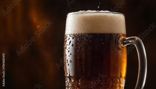 Dark beer, cold beer with bubbles overflowing from glass with water droplets