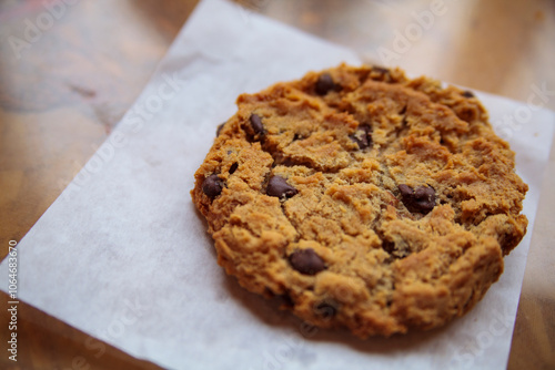 High angle close up of a Chocolate chip cookie. photo