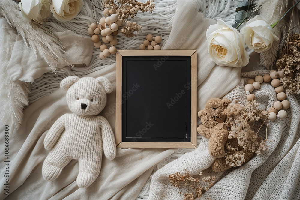 custom made wallpaper toronto digitalPregnancy announcement with teddy bear, dried flowers and a black letterboard in the centerof a soft muslin blanket